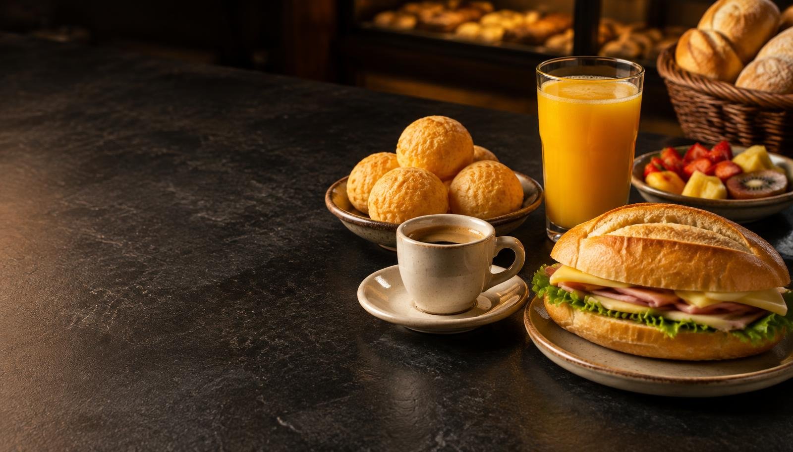 Pão de queijo, café, suco e sanduíche da padaria
